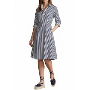 Polo Ralph Lauren Navy and White Preppy Stripe Long Sleeve Cotton Shirtdress